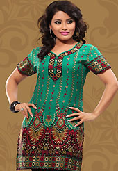 This green american crepe readymade tunic is nicely designed with abstract print work. This is a perfect casual wear readymade kurti. Bottom shown in the image is just for photography purpose. Minimum quantity order 12pcs in each style. Slight Color variations are possible due to differing screen and photograph resolutions.