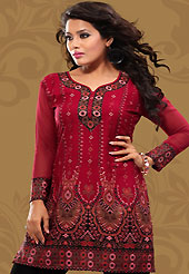 This red american crepe readymade tunic is nicely designed with abstract print work. This is a perfect casual wear readymade kurti. Bottom shown in the image is just for photography purpose. Minimum quantity order 12pcs in each style. Slight Color variations are possible due to differing screen and photograph resolutions.