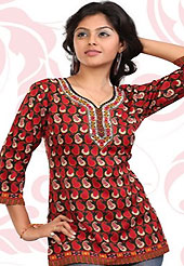 This red and black american crepe readymade tunic is nicely designed with paisley print and patch work. This is a perfect casual wear readymade kurti. Bottom shown in the image is just for photography purpose. Minimum quantity order 12pcs in each style. Slight Color variations are possible due to differing screen and photograph resolutions.