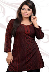 This maroon and black american crepe readymade tunic is nicely designed with floral and geometric print and patch work. This is a perfect casual wear readymade kurti. Bottom shown in the image is just for photography purpose. Minimum quantity order 12pcs in each style. Slight Color variations are possible due to differing screen and photograph resolutions.