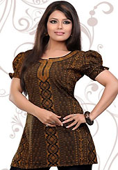 This mustard and black american crepe readymade tunic is nicely designed with floral and geometric print and patch work. This is a perfect casual wear readymade kurti. Bottom shown in the image is just for photography purpose. Minimum quantity order 12pcs in each style. Slight Color variations are possible due to differing screen and photograph resolutions.