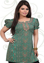 This sea green american crepe readymade tunic is nicely designed with floral print work. This is a perfect casual wear readymade kurti. Bottom shown in the image is just for photography purpose. Minimum quantity order 12pcs in each style. Slight Color variations are possible due to differing screen and photograph resolutions.