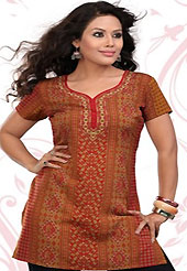 This red and mustard american crepe readymade tunic is nicely designed with geometric and abstract print work. This is a perfect casual wear readymade kurti. Bottom shown in the image is just for photography purpose. Minimum quantity order 12pcs in each style. Slight Color variations are possible due to differing screen and photograph resolutions.