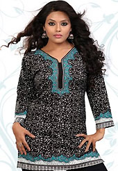 This black, off white and turquoise blue american crepe readymade tunic is nicely designed with floral print work. This is a perfect casual wear readymade kurti. Bottom shown in the image is just for photography purpose. Minimum quantity order 12pcs in each style. Slight Color variations are possible due to differing screen and photograph resolutions.