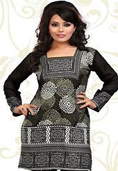 This dark olive green, black and off white american crepe readymade tunic is nicely designed with abstract and geometric print work. This is a perfect casual wear readymade kurti. Bottom shown in the image is just for photography purpose. Minimum quantity order 12pcs in each style. Slight Color variations are possible due to differing screen and photograph resolutions.