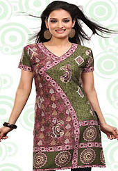 This green and pink american crepe readymade tunic is nicely designed with floral, paisley and abstract print work. This is a perfect casual wear readymade kurti. Bottom shown in the image is just for photography purpose. Minimum quantity order 12pcs in each style. Slight Color variations are possible due to differing screen and photograph resolutions.