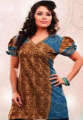 This light brown and blue american crepe readymade tunic is nicely designed with floral and abstract print work. This is a perfect casual wear readymade kurti. Bottom shown in the image is just for photography purpose. Minimum quantity order 12pcs in each style. Slight Color variations are possible due to differing screen and photograph resolutions.