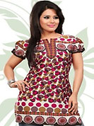 This off white and pink american crepe readymade tunic is nicely designed with geometric print work. This is a perfect casual wear readymade kurti. Bottom shown in the image is just for photography purpose. Minimum quantity order 12pcs in each style. Slight Color variations are possible due to differing screen and photograph resolutions.