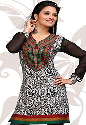This off white and black american crepe readymade tunic is nicely designed with floral print and patch work. This is a perfect casual wear readymade kurti. Bottom shown in the image is just for photography purpose. Minimum quantity order 12pcs in each style. Slight Color variations are possible due to differing screen and photograph resolutions.