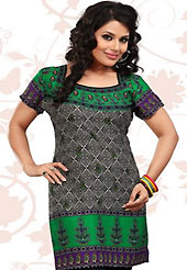 This dark grey and green american crepe readymade tunic is nicely designed with floral and abstract print work. This is a perfect casual wear readymade kurti. Bottom shown in the image is just for photography purpose. Minimum quantity order 12pcs in each style. Slight Color variations are possible due to differing screen and photograph resolutions.