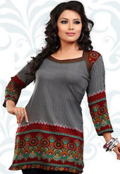 This grey and maroon american crepe readymade tunic is nicely designed with geometric and abstract print work. This is a perfect casual wear readymade kurti. Bottom shown in the image is just for photography purpose. Minimum quantity order 12pcs in each style. Slight Color variations are possible due to differing screen and photograph resolutions.