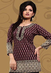 This dark burgundy american crepe readymade tunic is nicely designed with abstract print work. This is a perfect casual wear readymade kurti. Bottom shown in the image is just for photography purpose. Minimum quantity order 12pcs in each style. Slight Color variations are possible due to differing screen and photograph resolutions.