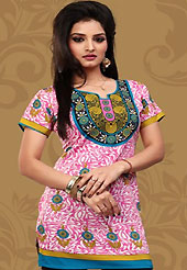 This off white and pink american crepe readymade tunic is nicely designed with floral, abstract print and patch work. This is a perfect casual wear readymade kurti. Bottom shown in the image is just for photography purpose. Minimum quantity order 12pcs in each style. Slight Color variations are possible due to differing screen and photograph resolutions.