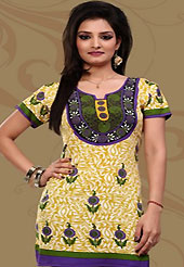 This off white and light mustard american crepe readymade tunic is nicely designed with floral, abstract print and patch work. This is a perfect casual wear readymade kurti. Bottom shown in the image is just for photography purpose. Minimum quantity order 12pcs in each style. Slight Color variations are possible due to differing screen and photograph resolutions.