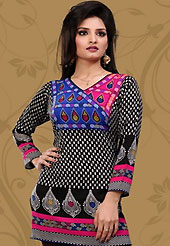 This black american crepe readymade tunic is nicely designed with floral and abstract print work. This is a perfect casual wear readymade kurti. Bottom shown in the image is just for photography purpose. Minimum quantity order 12pcs in each style. Slight Color variations are possible due to differing screen and photograph resolutions.