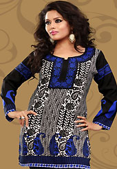 This white, blue and black american crepe readymade tunic is nicely designed with floral, paisley and leaf like print work. This is a perfect casual wear readymade kurti. Bottom shown in the image is just for photography purpose. Minimum quantity order 12pcs in each style. Slight Color variations are possible due to differing screen and photograph resolutions.