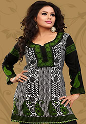 This white, green and black american crepe readymade tunic is nicely designed with floral, paisley and leaf like print work. This is a perfect casual wear readymade kurti. Bottom shown in the image is just for photography purpose. Minimum quantity order 12pcs in each style. Slight Color variations are possible due to differing screen and photograph resolutions.