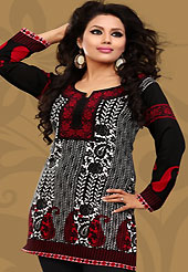 This white, red and black american crepe readymade tunic is nicely designed with floral, paisley and leaf like print work. This is a perfect casual wear readymade kurti. Bottom shown in the image is just for photography purpose. Minimum quantity order 12pcs in each style. Slight Color variations are possible due to differing screen and photograph resolutions.