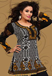 This white, orange and black american crepe readymade tunic is nicely designed with floral, paisley and leaf like print work. This is a perfect casual wear readymade kurti. Bottom shown in the image is just for photography purpose. Minimum quantity order 12pcs in each style. Slight Color variations are possible due to differing screen and photograph resolutions.