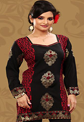 This black and red american crepe readymade tunic is nicely designed with floral and foil print work. This is a perfect casual wear readymade kurti. Bottom shown in the image is just for photography purpose. Minimum quantity order 12pcs in each style. Slight Color variations are possible due to differing screen and photograph resolutions.
