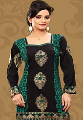 This black and green american crepe readymade tunic is nicely designed with floral and foil print work. This is a perfect casual wear readymade kurti. Bottom shown in the image is just for photography purpose. Minimum quantity order 12pcs in each style. Slight Color variations are possible due to differing screen and photograph resolutions.
