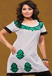 This white cotton readymade tunic is nicely designed with dot print and resham embroidery patch work. This is a perfect casual wear readymade kurti. Bottom shown in the image is just for photography purpose. Minimum quantity order 12pcs in each style. Slight Color variations are possible due to differing screen and photograph resolutions.