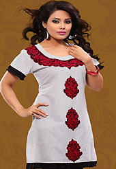 This white cotton readymade tunic is nicely designed with dot print and resham embroidery patch work. This is a perfect casual wear readymade kurti. Bottom shown in the image is just for photography purpose. Minimum quantity order 12pcs in each style. Slight Color variations are possible due to differing screen and photograph resolutions.