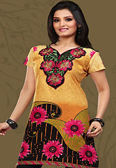 This dark yellow and black cotton readymade tunic is nicely designed with floral, paisley, geometric print and resham embroidery patch work. This is a perfect casual wear readymade kurti. Bottom shown in the image is just for photography purpose. Minimum quantity order 12pcs in each style. Slight Color variations are possible due to differing screen and photograph resolutions.