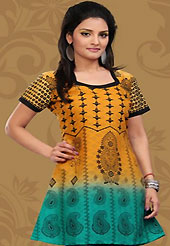 This dark yellow and turquoise green cotton readymade tunic is nicely designed with floral, paisley print and patch work. This is a perfect casual wear readymade kurti. Bottom shown in the image is just for photography purpose. Minimum quantity order 12pcs in each style. Slight Color variations are possible due to differing screen and photograph resolutions.