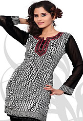 This black and white american crepe readymade tunic is nicely designed with floral, wave like print and resham embroidery patch work. This is a perfect casual wear readymade kurti. Bottom shown in the image is just for photography purpose. Minimum quantity order 12pcs in each style. Slight Color variations are possible due to differing screen and photograph resolutions.