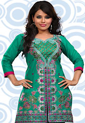 This simple and pretty kurti has beautiful embroidery patch work is done with resham and zari work. This drape material is cambric cotton. The entire ensemble makes an excellent wear. This is a perfect casual wear readymade kurti. Bottom shown in the image is just for photography purpose. Minimum quantity order 12pcs in each style. Slight Color variations are possible due to differing screen and photograph resolutions.