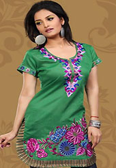 This simple and pretty kurti has beautiful embroidery patch work is done with resham and zari work. This drape material is chanderi silk. The entire ensemble makes an excellent wear. This is a perfect casual wear readymade kurti. Bottom shown in the image is just for photography purpose. Minimum quantity order 12pcs in each style. Slight Color variations are possible due to differing screen and photograph resolutions.