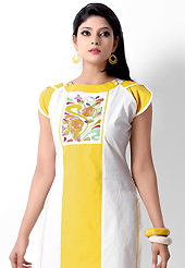 Outfit is a novel ways of getting yourself noticed. This beautiful designer white and yellow cotton readymade tunic have amazing embroidery patch work is done with resham work. The entire ensemble makes an excellent wear. This is a perfect patry wear readymade kurti. Accessories shown in the image is just for photography purpose. Bottom and accessories shown in the image is just for photography purpose. Slight Color variations are possible due to differing screen and photograph resolutions.