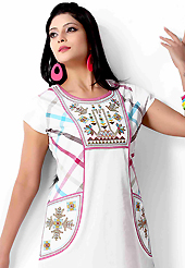 An endearing splash oh colors look gorgeous tridimensional charm. This beautiful designer white cotton readymade tunic have amazing embroidery patch work is done with resham work. The entire ensemble makes an excellent wear. This is a perfect patry wear readymade kurti. Accessories shown in the image is just for photography purpose. Bottom and accessories shown in the image is just for photography purpose. Slight Color variations are possible due to differing screen and photograph resolutions.