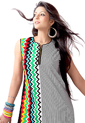 The traditional patterns used on this kurti maintain the ethnic look. This beautiful designer off white and black cotton readymade tunic have amazing zigzag, stripe print and embroidery patch work is done with resham work. The entire ensemble makes an excellent wear. This is a perfect patry wear readymade kurti. Accessories shown in the image is just for photography purpose. Bottom and accessories shown in the image is just for photography purpose. Slight Color variations are possible due to differing screen and photograph resolutions.