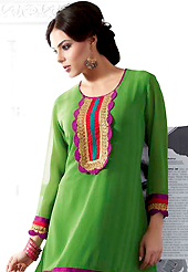 The glamorous silhouette to meet your most dire fashion needs. This beautiful designer green georgette readymade tunic have amazing embroidery patch work is done with resham, zari and lace work. The entire ensemble makes an excellent wear. This is a perfect patry wear readymade kurti. Bottom and accessories shown in the image is just for photography purpose. Slight Color variations are possible due to differing screen and photograph resolutions.