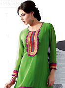 The glamorous silhouette to meet your most dire fashion needs. This beautiful designer green georgette readymade tunic have amazing embroidery patch work is done with resham, zari and lace work. The entire ensemble makes an excellent wear. This is a perfect patry wear readymade kurti. Bottom and accessories shown in the image is just for photography purpose. Slight Color variations are possible due to differing screen and photograph resolutions.